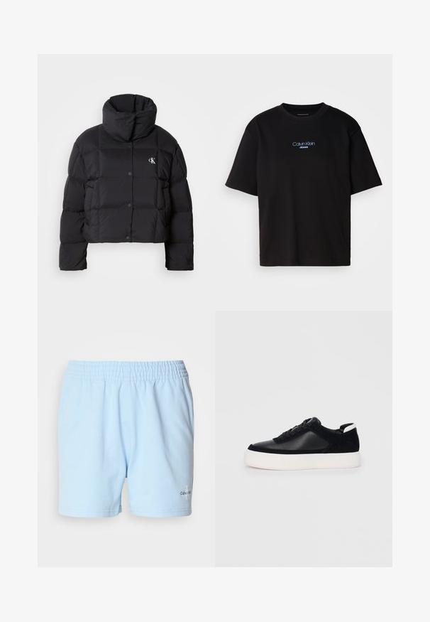 Casaco puffer preto com um design cropped, gola alta e fecho de botão. Feito de material brilhante e isolante, apresentando seções acolchoadas.; T-shirt preta de algodão com gola redonda, mangas curtas e logo bordado azul "Calvin Klein JEANS" na parte da frente.; Calças curtas azul claro com uma cintura elástica, apresentando o logótipo "Calvin Klein" perto da bainha, exibidas sobre um fundo neutro.; Sapatilha preta com painéis de pele lisa e camurça, atacadores planos, bico arredondado e sola de borracha branca. Logótipo distinto no calcanhar.