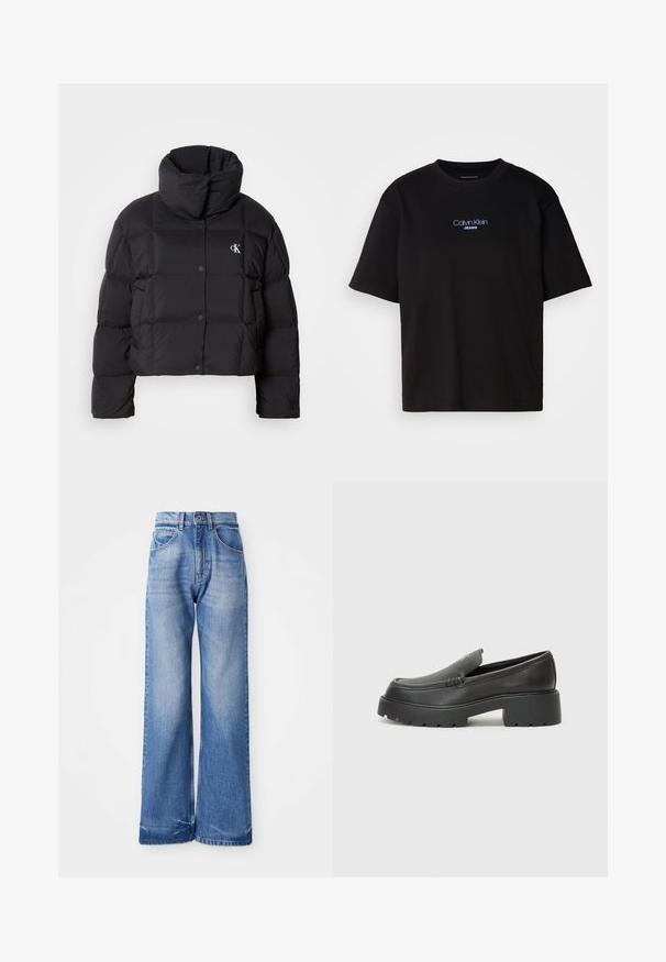 Chaqueta de plumas negra con un diseño corto, cuello alto y cierre de botones. Fabricada con material brillante e insulated que presenta secciones acolchadas.; Camiseta de algodón negra con cuello redondo, manga corta y el logotipo azul bordado de "Calvin Klein JEANS" en el frente.; Jeans de tiro alto, de mezclilla, de pierna ancha y color azul claro, con cinco bolsillos y sutiles marcas de desgaste en la parte frontal para agregar textura.; Mocasines de piel negra con punta redondeada, suela texturizada gruesa y mínimos detalles de costura. Diseño elegante sin cordones o herrajes visibles.