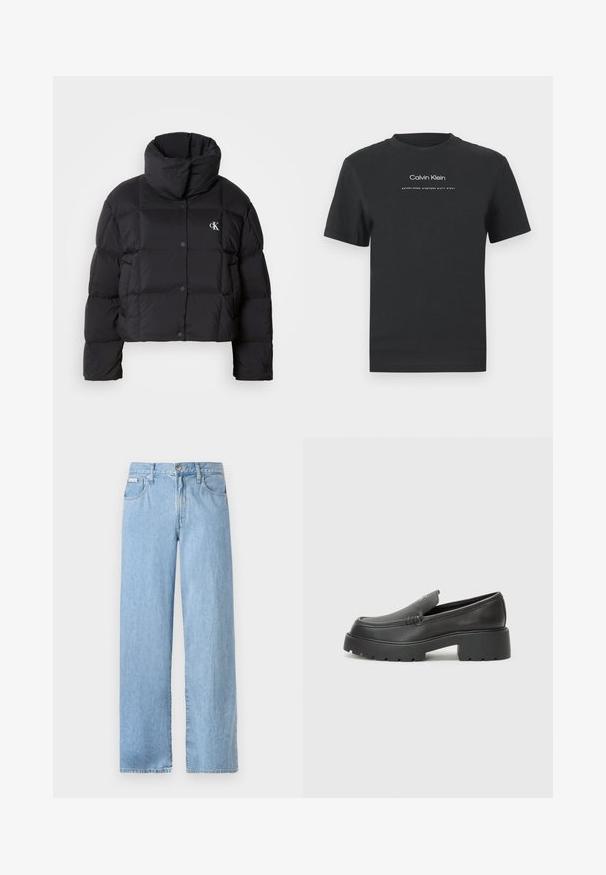 Juodas pūkinis švarkas su trumpu dizainu, aukštu apykakle ir mygtukų uždarymu. Pagamintas iš blizgios, šiltos medžiagos, turinčios siūtas dalis.; Juodas medvilninis marškinėliai su apvaliu kaklu, trumpomis rankovėmis ir baltu spausdintu "Calvin Klein" logotipu bei tekstu "Įkurtas 1968".; Šviesiai mėlyni plačių kojų džinsai, pagaminti iš džinsinio audinio, su vidutinio aukščio liemeniu, metaliniu mygtuku ir penkiomis kišenėmis, pasižyminčiomis matomomis siuvimo detalėmis.; Juodi odiniai loaferiai su apvaliu pirštu, storu tekstūruotu padu ir minimaliu siūlių dekoru. Išskirtinis dizainas be matomų raištelių ar furnitūros.