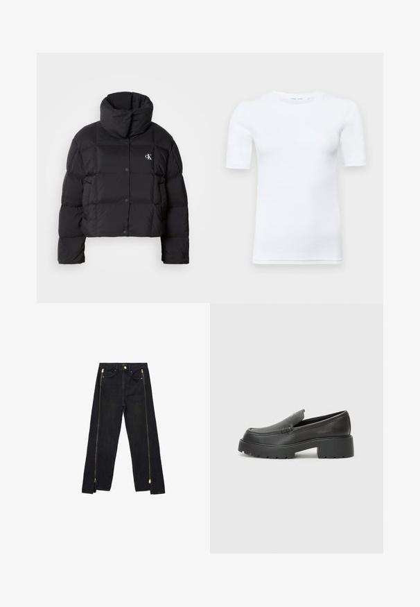 Črn napihnjen jakna s skrajšanim dizajnom, visokim ovratnikom in gumbnim zapiranjem. Narejena iz sijajnega, toplega materiala z oblečenimi odseki.; Bela kratka majica s kratkimi rokavi iz bombaža. Ima okroglo izrez in gladko teksturo, z minimalno vidnim šivom na robu.; Črne kavbojke iz denima s pravim nogavicami, z zlatimi zadrgami ob straneh in standardnimi žepi na pasu.; Črne usnjene loafers čevlje z zaobljenim nosom, debelim teksturiranim podplatom in minimalnimi šivi. Elegantna zasnova brez vidnih vezalk ali kovinskih delov.