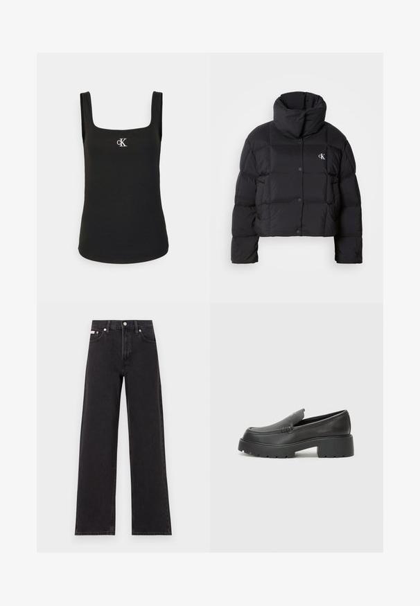 Jachetă puffer neagră cu un design scurt, guler înalt și închidere cu buton. Fabricată dintr-un material lucios și izolat, cu secțiuni matlasate.; Top negru fără mâneci cu decolteu pătrat, textură ribbed și un mic logo alb "cK" pe piept, având bretele late.; Jeanși negri cu picioare largi, fabricați din denim, cu talie înaltă, stil cu cinci buzunare și închidere cu nasture metalic, cu cusături contrastante.; Mocasini din piele neagră, cu vârf rotunjit, talpă groasă texturată și detalii minimale de cusătură. Design elegant, fără șireturi sau accesorii vizibile.