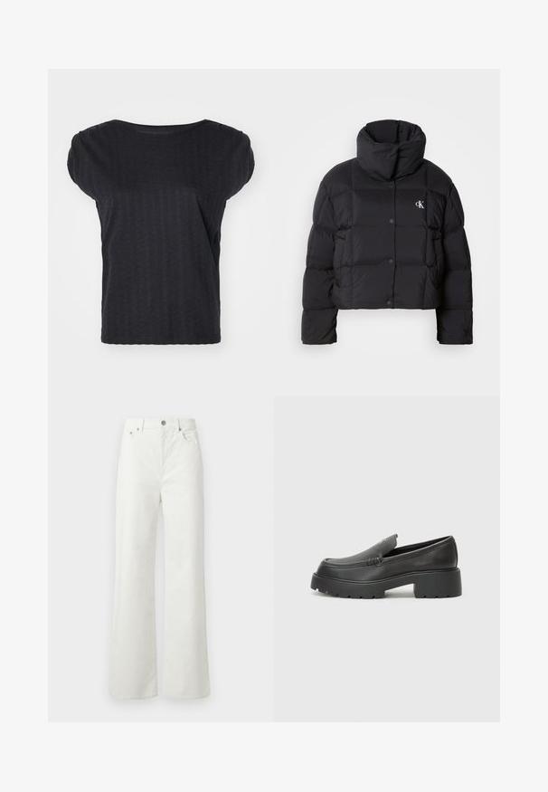 Black puffer jacket with a cropped design, high collar, and button closure. Made from glossy, insulated material featuring quilted sections.; Black short-sleeve top in a lightweight fabric with a textured pattern and a round neckline, featuring loose-fitting shoulders.; Samsøe Samsøe SHELLY - Relaxed fit jeans - clear cream; Black leather loafers with a rounded toe, thick textured sole, and minimal stitching details. Sleek design with no visible laces or hardware.