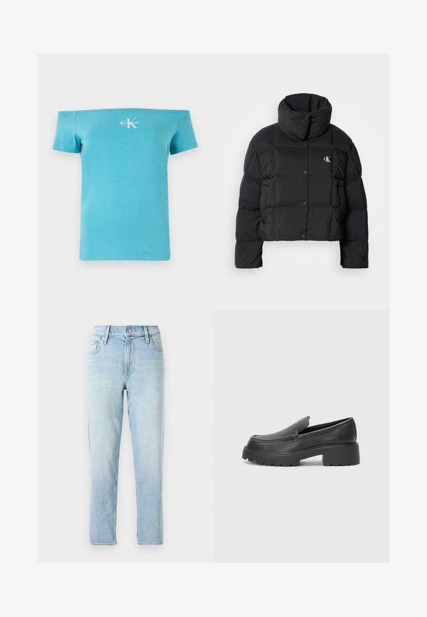 Black puffer jacket with a cropped design, high collar, and button closure. Made from glossy, insulated material featuring quilted sections.; Turquoise off-the-shoulder t-shirt made of soft cotton, featuring short sleeves and a white logo graphic on the front.; Light blue denim jeans, straight-leg design, mid-rise waist, with five-pocket styling and a button closure at the front.; Black leather loafers with a rounded toe, thick textured sole, and minimal stitching details. Sleek design with no visible laces or hardware.