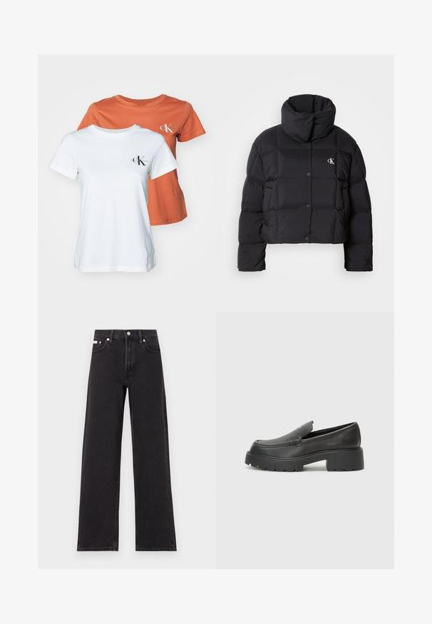 Fekete puffertáska, rövidített fazonnal, magas gallérral és gombos záródással. Fényes, szigetelt anyagból készült, steppelt részekkel.; Két rövidujjú póló: az egyik fehér, a másik narancssárga. Mindkettő pamutból készült, kerek nyakkivágással és egy kis márkás logóval a mellkason.; Fekete, bőszárú farmernadrág, magas derekú, öt zsebes kialakítással és fém gombos záródással, kontrasztos varrással.; Fekete bőr loafer cipők kerek orral, vastag, texturált talppal és minimális varrási részletekkel. Áramvonalas dizájn, látható fűzők vagy fém részek nélkül.