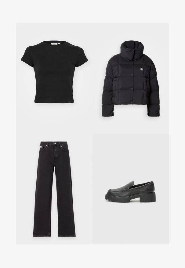 Juodas pūkinis švarkas su trumpu dizainu, aukštu apykakle ir mygtukų uždarymu. Pagamintas iš blizgios, šiltos medžiagos, turinčios siūtas dalis.; Juodas trumpomis rankovėmis medvilninis marškinėlis, turintis apvalų kaklą, prigludusią formą ir mažą logotipo etikete apatinėje dalyje.; Juodos plačios kojų džinsai, pagaminti iš džinsinio audinio, su aukštu liemeniu, penkių kišenių stiliumi ir metaline sagte su kontrastingo siuvimo detalėmis.; Juodi odiniai loaferiai su apvaliu pirštu, storu tekstūruotu padu ir minimaliu siūlių dekoru. Išskirtinis dizainas be matomų raištelių ar furnitūros.