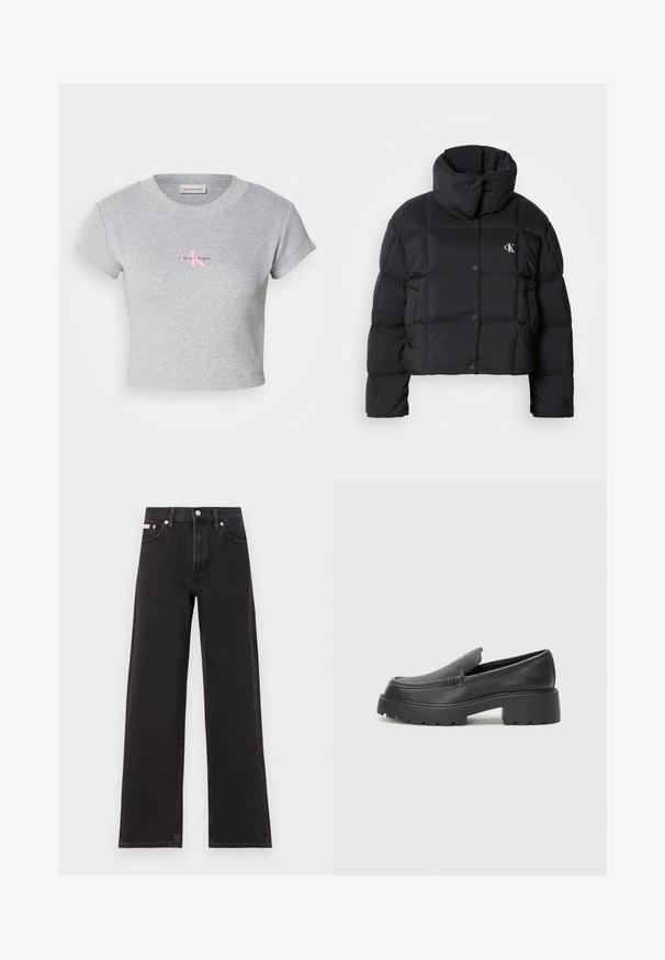 Casaco puffer preto com um design cropped, gola alta e fecho de botão. Feito de material brilhante e isolante, apresentando seções acolchoadas.; T-shirt cinza cropped em algodão, com textura canelada e mangas curtas. Apresenta um logótipo rosa da Calvin Klein na frente.; Jeans de perna larga pretos feitos de denim, apresentando uma cintura alta, estilo de cinco bolsos e um fecho em botão de metal com costura contrastante.; Mocassins de couro preto com bico arredondado, sola espessa e texturizada, e detalhes de costura minimalistas. Design elegante sem atacadores ou ferragens visíveis.