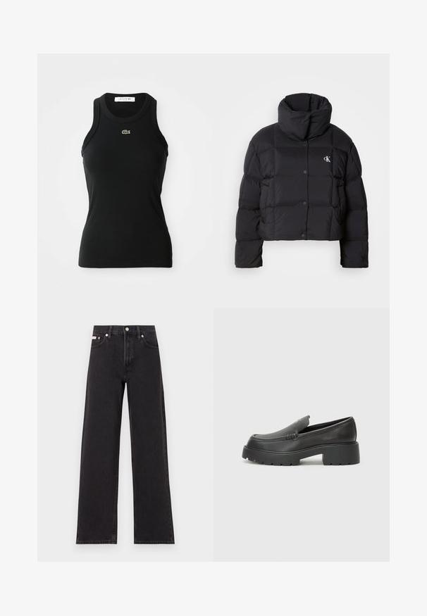 Črn napihnjen jakna s skrajšanim dizajnom, visokim ovratnikom in gumbnim zapiranjem. Narejena iz sijajnega, toplega materiala z oblečenimi odseki.; Črn brezrokavnik z rebrasto teksturo in okroglo ovratnikom, s majhnim zelenim logotipom krokodila Lacoste, ki je centriran pod ovratnikom.; Črne široke jeans hlače iz denima, s poudarjenim pasom, petimi žepi in kovinskim gumbom za zapiranje ter kontrastnim šivanjem.; Črne usnjene loafers čevlje z zaobljenim nosom, debelim teksturiranim podplatom in minimalnimi šivi. Elegantna zasnova brez vidnih vezalk ali kovinskih delov.