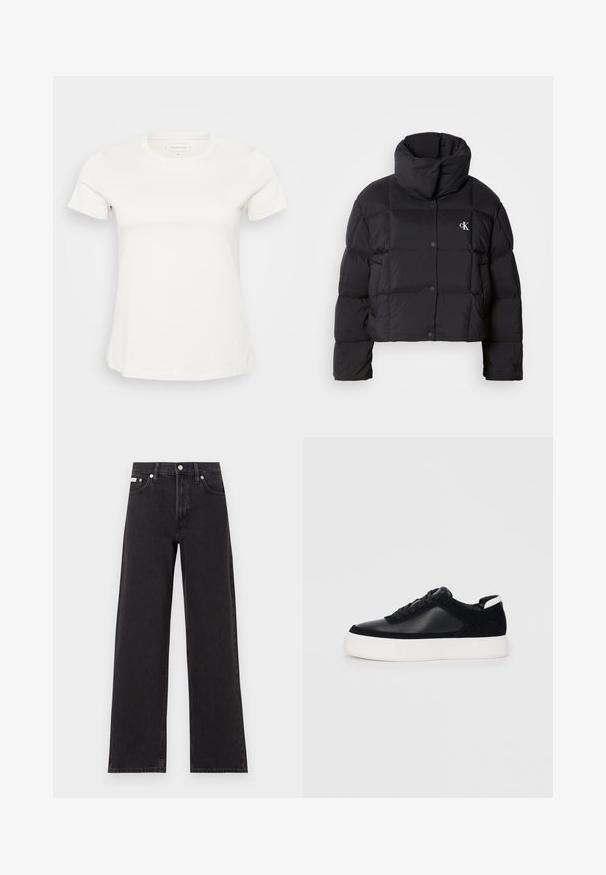 Black puffer jacket with a cropped design, high collar, and button closure. Made from glossy, insulated material featuring quilted sections.; White cotton t-shirt with short sleeves, round neckline, and a slight stretch. Features a subtle logo at the front, smooth texture, and standard fit.; Black wide-leg jeans made of denim, featuring a high-rise waist, five-pocket styling, and a metal button closure with contrasting stitching.; Black sneaker with smooth leather and suede panels, flat laces, rounded toe, and a white rubber sole. Distinct logo on the heel.