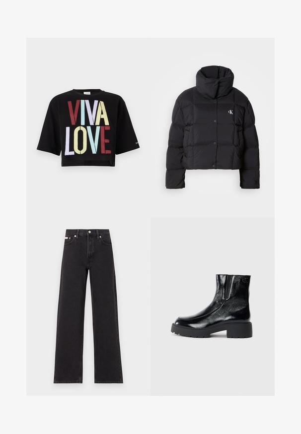 Črn napihnjen jakna s skrajšanim dizajnom, visokim ovratnikom in gumbnim zapiranjem. Narejena iz sijajnega, toplega materiala z oblečenimi odseki.; Črna skrajšana majica s kratkimi rokavi, ki vsebuje drzen grafični napis "VIVA LOVE" v rdeči, rumeni, modri in svetlo vijolični barvi. Ima kratke rokave in okroglo ovratnico.; Črne široke jeans hlače iz denima, s poudarjenim pasom, petimi žepi in kovinskim gumbom za zapiranje ter kontrastnim šivanjem.; Črne gležnarje z sijajnim patentiranim usnjem, debele črne gumijaste podplate in dvignjen petni del; vključujejo subtilen logotip na strani.