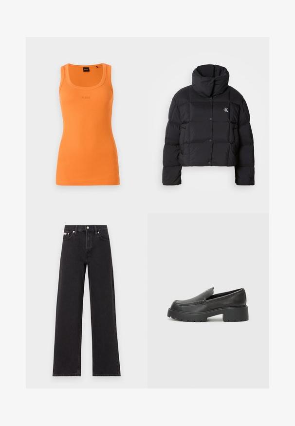 Casaco puffer preto com um design cropped, gola alta e fecho de botão. Feito de material brilhante e isolante, apresentando seções acolchoadas.; Camisola de alças laranja com decote arredondado e logótipo BOSS bordado ao centro. Silhueta ajustada, tecido leve e design sem mangas.; Jeans de perna larga pretos feitos de denim, apresentando uma cintura alta, estilo de cinco bolsos e um fecho em botão de metal com costura contrastante.; Mocassins de couro preto com bico arredondado, sola espessa e texturizada, e detalhes de costura minimalistas. Design elegante sem atacadores ou ferragens visíveis.
