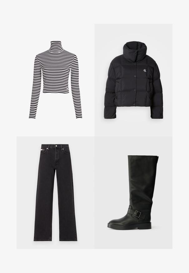 Melnā pūkainā jaka ar saīsinātu dizainu, augstu apkakli un pogu aizdari. Izgatavota no spīdīgas, izolējošas materiāla ar kviltētām daļām.; Melnā un baltā svītrainā augsta kakla blūze ar garām piedurknēm un īsu dizainu, izgatavota no ribota materiāla. Iezīmēta ar mazu zīmola logo hemī.; Melni platmalu džinsi, kas izgatavoti no denima, ar augstu vidukli, piecu kabatu dizainu un metāla pogas aizdari ar kontrastējošu šuvumu.; Melnas līdz ceļiem augstas kurpes, izgatavotas no gludas ādas, ar noapaļotu purngali, biezu zoli un horizontālu siksnu ar taisnstūra sprādzi.
