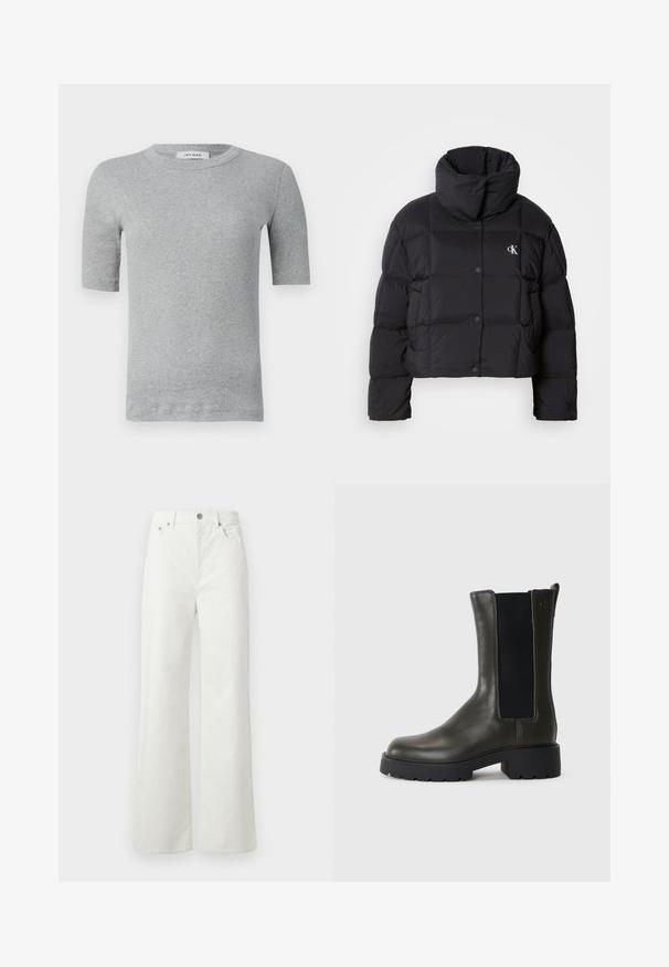 Svart puffy-jacka med en cropped design, hög krage och knappstängning. Tillverkad av glänsande, isolerat material med quiltade sektioner.; Grå kortärmad skjorta i ribbat tyg. Har rund halsringning och en åtsittande design med rena kanter och minimal detaljer.; Samsøe Samsøe SHELLY - Jeans relaxed fit - clear cream; Grön läderankelboot med elastiska sidopaneler, rund tå och gummisula. Har en texturerad yta och en klack i blockstil.