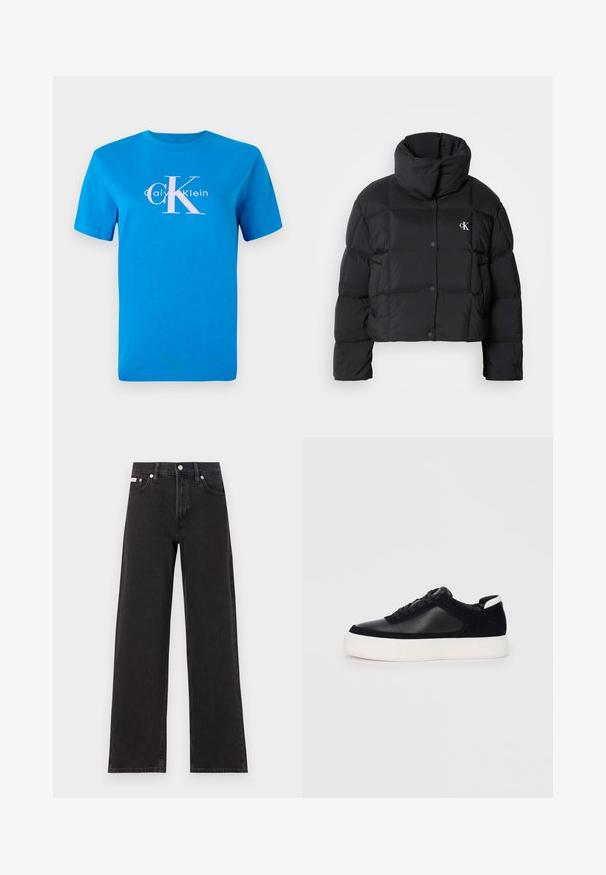 Must zwart puffer jope, mille disainiga, kõrge kaelusega ja nööpidega kinni. Valmistatud läikivast, soojust liikuvast materjalist, millel on äraotatud sektsioonid.; Sinine puuvillane T-särk lühikeste varrukatega, millel on valge Calvin Kleini logo ja suur roosa "CK" graafika keskendatud ees.; Mustad laiad mustad teksad, millel on kõrge vöökoht, viie tasku stiil ja metallist nööpkinnitus kontrastsete õmblustega.; Mustad mustad spordijalanõud siledast nahast ja sametist paneelidega, lame nööriga, ümar varvas ja valge kummist tallaga. Erakordne logo kontsas.