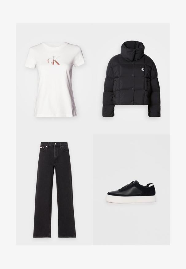 Črn napihnjen jakna s skrajšanim dizajnom, visokim ovratnikom in gumbnim zapiranjem. Narejena iz sijajnega, toplega materiala z oblečenimi odseki.; Calvin Klein Jeans GRADIENT SLIM TEE - Potiskana majica - ivory; Črne široke jeans hlače iz denima, s poudarjenim pasom, petimi žepi in kovinskim gumbom za zapiranje ter kontrastnim šivanjem.; Črne športne copate z gladko usnjeno in semišnimi paneli, ravnimi vezalkami, zaobljenim nosom in belim gumijastim podplatom. Oznaka na peti.