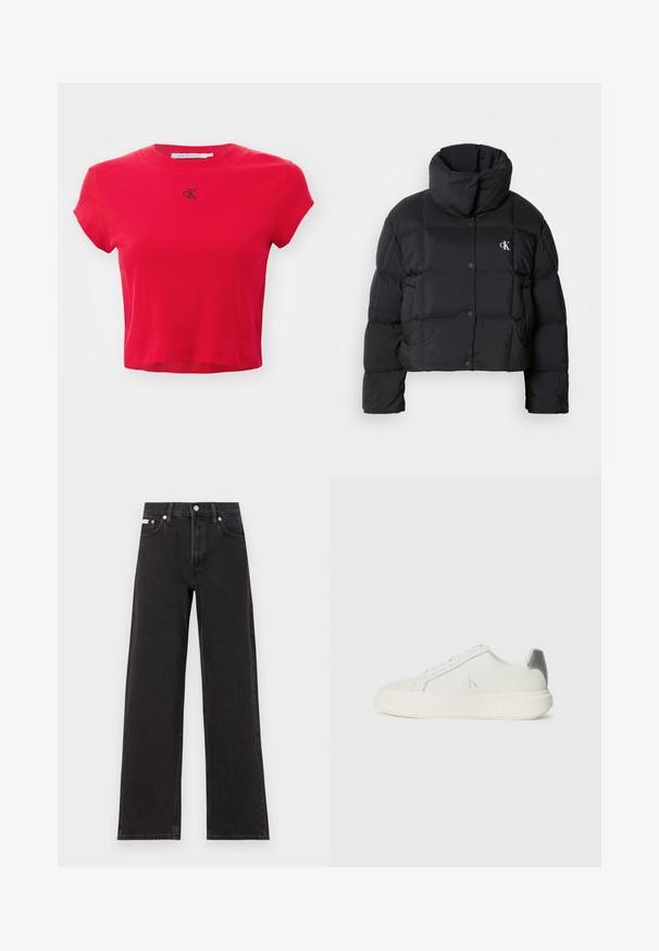 Jachetă puffer neagră cu un design scurt, guler înalt și închidere cu buton. Fabricată dintr-un material lucios și izolat, cu secțiuni matlasate.; Calvin Klein Jeans CROPPED SLIM TEE - Tricou basic - candy apple; Jeanși negri cu picioare largi, fabricați din denim, cu talie înaltă, stil cu cinci buzunare și închidere cu nasture metalic, cu cusături contrastante.; Sneaker alb din piele cu o textură netedă, având un accent argintiu pe călcâi, talpă plată și un design minimalist.