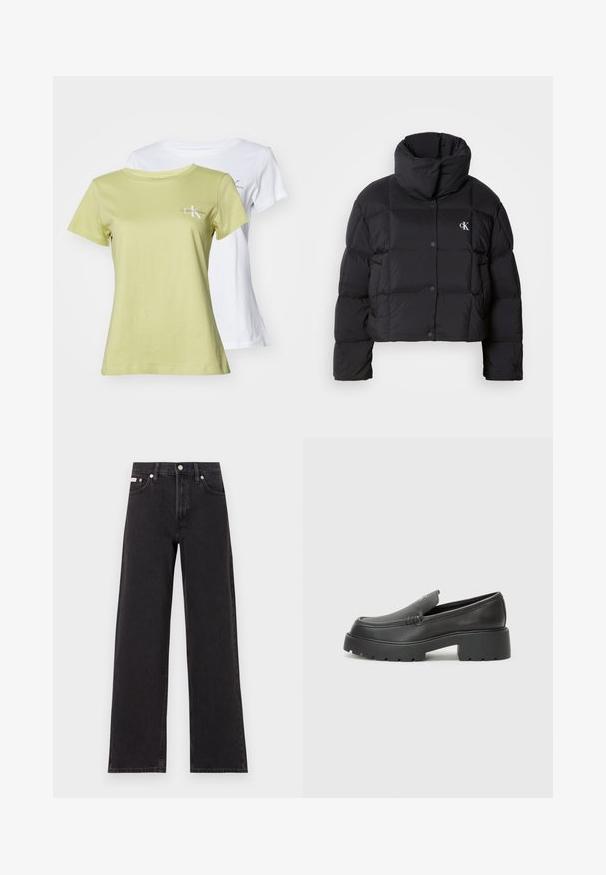 Juodas pūkinis švarkas su trumpu dizainu, aukštu apykakle ir mygtukų uždarymu. Pagamintas iš blizgios, šiltos medžiagos, turinčios siūtas dalis.; Du keturių apykaklių marškiniai; vieni šviesiai žali, o kiti balti. Abu turi trumpas rankoves ir mažą pilką Calvin Klein logotipą ant krūtinės.; Juodos plačios kojų džinsai, pagaminti iš džinsinio audinio, su aukštu liemeniu, penkių kišenių stiliumi ir metaline sagte su kontrastingo siuvimo detalėmis.; Juodi odiniai loaferiai su apvaliu pirštu, storu tekstūruotu padu ir minimaliu siūlių dekoru. Išskirtinis dizainas be matomų raištelių ar furnitūros.