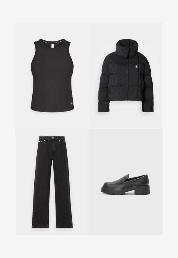 Casaco puffer preto com um design cropped, gola alta e fecho de botão. Feito de material brilhante e isolante, apresentando seções acolchoadas.; Camisola preta de alças canelada, com decote redondo, design sem mangas e um rótulo de marca na bainha. Textura suave e molde ajustado.; Jeans de perna larga pretos feitos de denim, apresentando uma cintura alta, estilo de cinco bolsos e um fecho em botão de metal com costura contrastante.; Mocassins de couro preto com bico arredondado, sola espessa e texturizada, e detalhes de costura minimalistas. Design elegante sem atacadores ou ferragens visíveis.