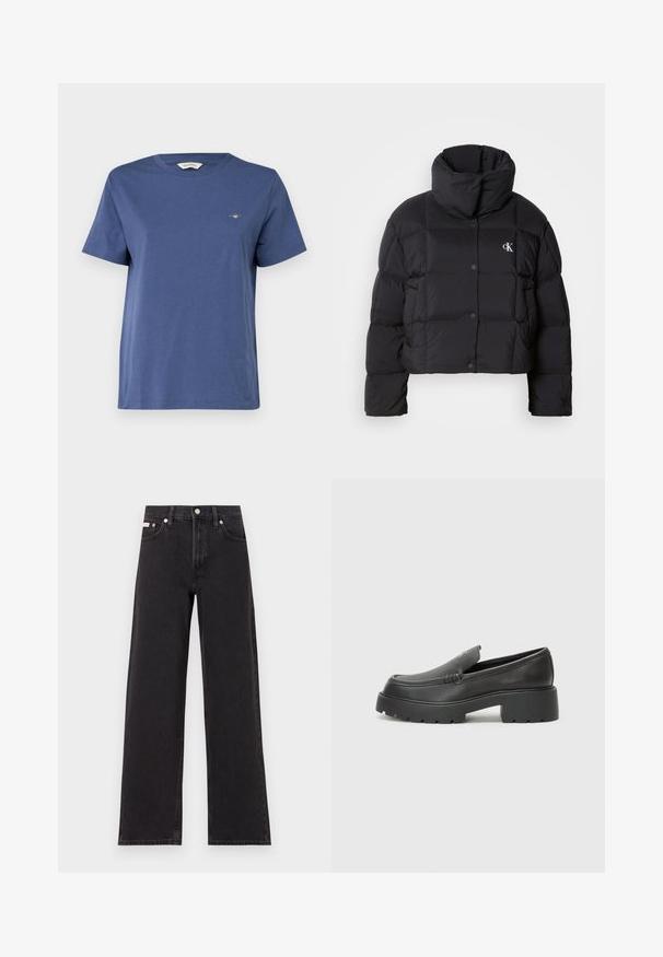 Juodas pūkinis švarkas su trumpu dizainu, aukštu apykakle ir mygtukų uždarymu. Pagamintas iš blizgios, šiltos medžiagos, turinčios siūtas dalis.; GANT PRINTED ARCHIVE SHIELD - Paprasti marškinėliai - dusty navy; Juodos plačios kojų džinsai, pagaminti iš džinsinio audinio, su aukštu liemeniu, penkių kišenių stiliumi ir metaline sagte su kontrastingo siuvimo detalėmis.; Juodi odiniai loaferiai su apvaliu pirštu, storu tekstūruotu padu ir minimaliu siūlių dekoru. Išskirtinis dizainas be matomų raištelių ar furnitūros.