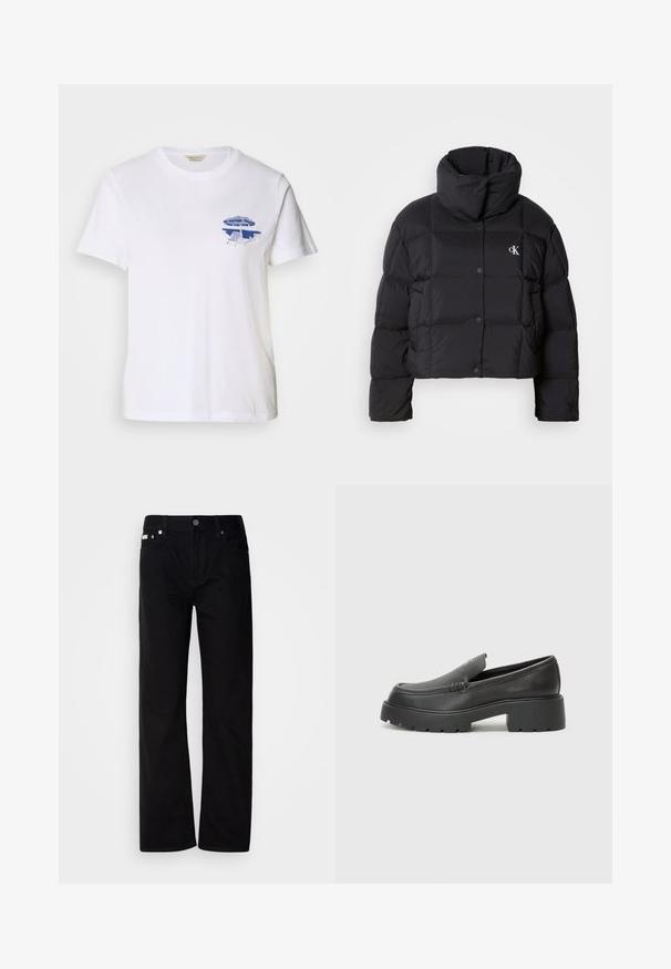 Schwarze Pufferjacke mit einem cropped Design, hohem Kragen und Knopfverschluss. Hergestellt aus glänzendem, isoliertem Material mit gesteppte Abschnitten.; Weißes Baumwoll-T-Shirt mit einem blauen Grafikdesign eines Liegestuhls und Sonnenschirms im linken Brustbereich, runder Halsausschnitt, kurze Ärmel.; Schwarze Denim-Hosen mit geradem Bein, fünf Taschen, silbernen Nieten und einem Knopfverschluss. Der Stoff hat eine glatte, leicht strukturierte Oberfläche.; Schwarze Lederloafer mit einer abgerundeten Spitze, dicker strukturierten Laufsohle und minimalen Nähten. Schlankes Design ohne sichtbare Schnürsenkel oder Beschläge.