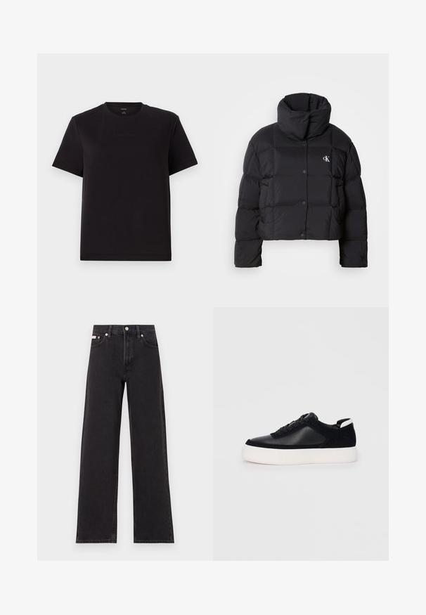Black puffer jacket with a cropped design, high collar, and button closure. Made from glossy, insulated material featuring quilted sections.; Black cotton T-shirt with short sleeves, crew neckline, and subtle Calvin Klein logo embroidered on the chest. Smooth texture, relaxed fit.; Black wide-leg jeans made of denim, featuring a high-rise waist, five-pocket styling, and a metal button closure with contrasting stitching.; Black sneaker with smooth leather and suede panels, flat laces, rounded toe, and a white rubber sole. Distinct logo on the heel.