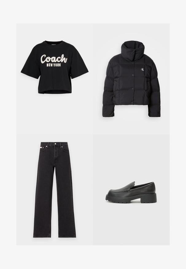 Casaco puffer preto com um design cropped, gola alta e fecho de botão. Feito de material brilhante e isolante, apresentando seções acolchoadas.; Camiseta cropped preta feita de algodão, com grande texto branco "Coach New York" na parte da frente e mangas curtas. Textura suave.; Jeans de perna larga pretos feitos de denim, apresentando uma cintura alta, estilo de cinco bolsos e um fecho em botão de metal com costura contrastante.; Mocassins de couro preto com bico arredondado, sola espessa e texturizada, e detalhes de costura minimalistas. Design elegante sem atacadores ou ferragens visíveis.