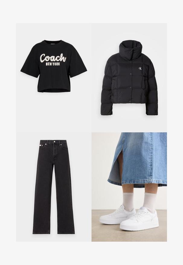 Crna puffer jakna s krojenjem na visini struka, visokim ovratnikom i kopčanjem na dugmad. Izrađena od sjajnog, izoliranog materijala s četvrtastim sekcijama.; Crna skraćena majica od pamuka, s velikim bijelim natpisom "Coach New York" na prednjoj strani i kratkim rukavima. Glatka tekstura.; Crne široke traperice od denima, s visokim strukom, pet džepova i metalnim zatvaranjem s kontrastnim šavovima.; Bijele tenisice od teksturirane kože, s platformom, okruglim prstom i sustavom vezivanja; u kombinaciji sa svijetlosivim čarapama do gležnja i traper suknjom.