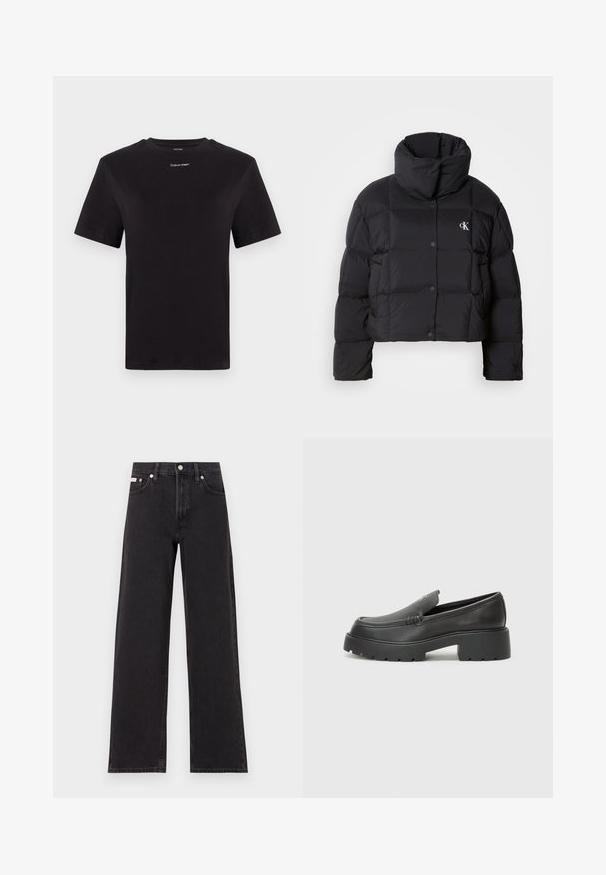 Crna puffer jakna s krojenjem na visini struka, visokim ovratnikom i kopčanjem na dugmad. Izrađena od sjajnog, izoliranog materijala s četvrtastim sekcijama.; Crna pamučna majica s kratkim rukavima, okruglim izrezom i malim bijelim logom "Calvin Klein" na prsima. Glatka tekstura, klasičan kroj.; Crne široke traperice od denima, s visokim strukom, pet džepova i metalnim zatvaranjem s kontrastnim šavovima.; Crne kožne loaferice s zaobljenim vrhom, debelim teksturiranim potplatom i minimalnim detaljima šivanja. Elegantna izrada bez vidljivih vezica ili metalnih elemenata.