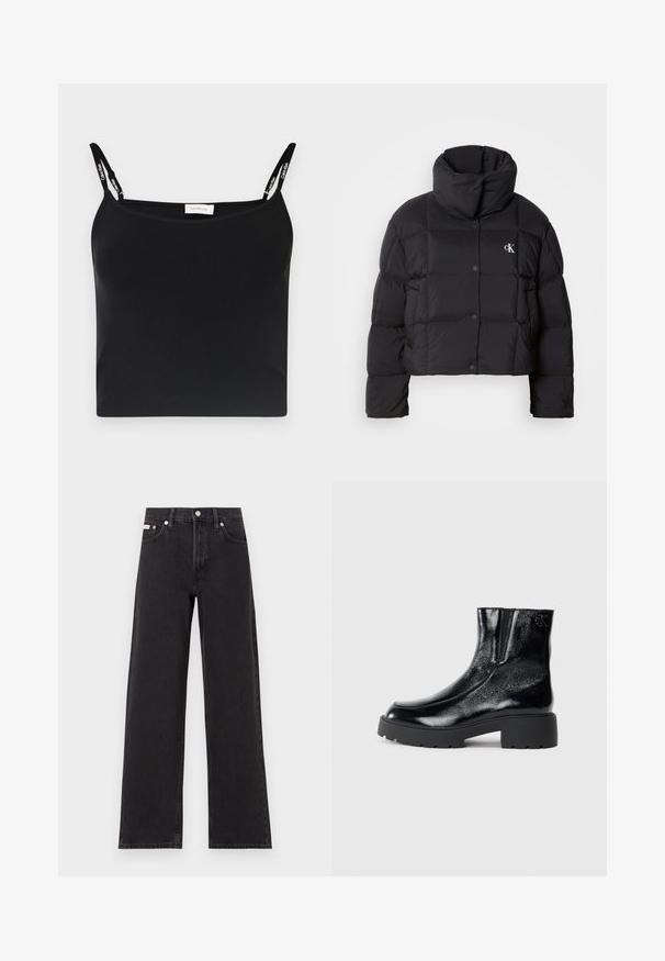 Czarna kurtka puchowa o kroju cropped, z wysokim kołnierzem i zapięciem na guziki. Wykonana z błyszczącego, izolowanego materiału z pikowanymi sekcjami.; Czarna, prążkowana koszulka na ramiączkach z cienkimi paskami, z logo Calvin Klein. Prosty, dopasowany krój o gładkiej fakturze i bez dodatkowych wzorów.; Czarne dżinsy o szerokich nogawkach, wykonane z denimu, z wysokim stanem, pięcioma kieszeniami oraz metalowym zapięciem z kontrastowym szwem.; Czarne botki sięgające kostki o błyszczące wykończenie z lakierowanej skóry, masywna czarna gumowa podeszwa i podwyższony obcas; zawierają subtelny detal z logo z boku.