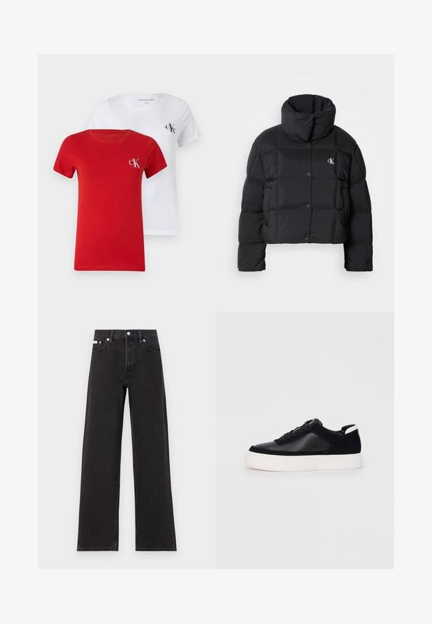 Fekete puffertáska, rövidített fazonnal, magas gallérral és gombos záródással. Fényes, szigetelt anyagból készült, steppelt részekkel.; Két kerek nyakú póló, az egyik piros, a másik fehér, sima pamutból készült. Mindkettőn található egy kis CK logó kontrasztos színben a mellkas területén.; Fekete, bőszárú farmernadrág, magas derekú, öt zsebes kialakítással és fém gombos záródással, kontrasztos varrással.; Fekete sportcipő sima bőrből és velúr panelekkel, lapos fűzőkkel, kerek orral és fehér gumi talppal. Megkülönböztető logó a sarkán.