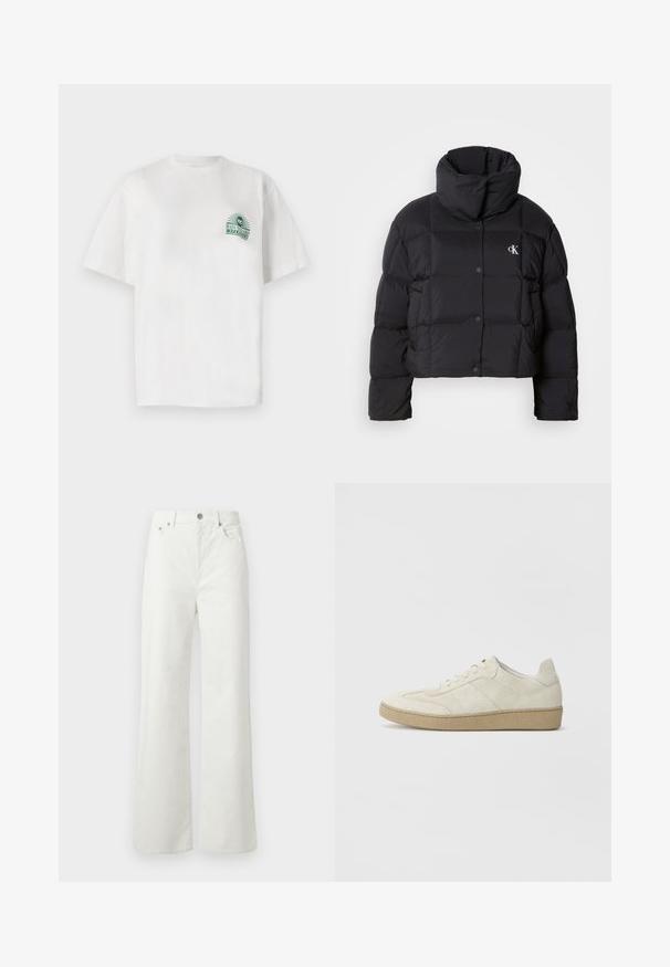 Jachetă puffer neagră cu un design scurt, guler înalt și închidere cu buton. Fabricată dintr-un material lucios și izolat, cu secțiuni matlasate.; Tricou alb din bumbac cu mâneci scurte și guler rotund. Acesta are o imprimare grafică verde pe partea stângă a pieptului.; Samsøe Samsøe SHELLY - Blugi loose fit - clear cream; Adidași bej din suede cu un design texturat, talpă din cauciuc plat și cusături laterale distincte. Vârf rotund și detaliu cu guler căptușit.