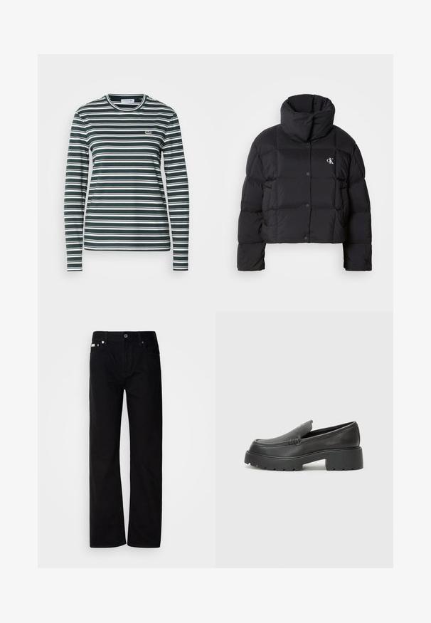 Svart pufferjakke med en cropped design, høy krage og knappelukking. Laget av glossy, isolert materiale med kviltede seksjoner.; Langermet, rundhalset skjorte med mørkegrønne og hvite horisontale striper. Har en liten brodert logo på brystet. Myk stoff.; Svart denim rettfittede bukser med fem lommer, sølvnitter og knappestolpe. Stoffet har en glatt, lett teksturert overflate.; Sorte skinnloafers med rund tå, tykk teksturert såle og minimale sømdetaljer. Strømlinjeformet design uten synlige snørebånd eller hardvarer.