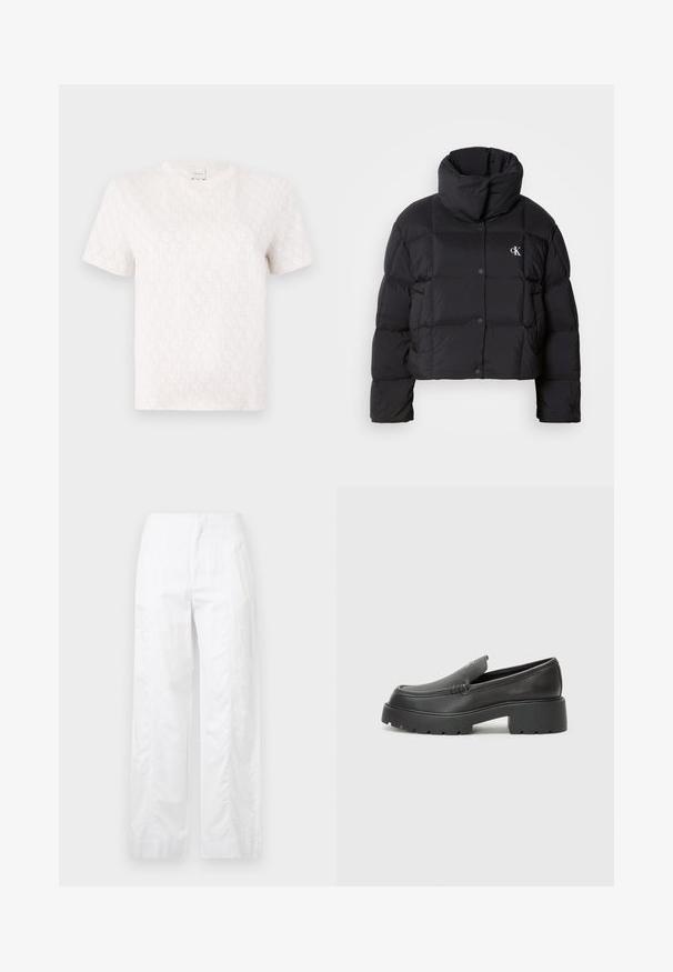 Fekete puffertáska, rövidített fazonnal, magas gallérral és gombos záródással. Fényes, szigetelt anyagból készült, steppelt részekkel.; Rövid ujjú, krém színű pamut póló, amelyen diszkrét, egységes monogram mintázat található. Kerek nyakkivágással és laza szabással rendelkezik.; Fehér, széles szárú nadrág könnyű anyagból, sima textúrával, letisztult vonalakkal és magasderék kialakítással.; Fekete bőr loafer cipők kerek orral, vastag, texturált talppal és minimális varrási részletekkel. Áramvonalas dizájn, látható fűzők vagy fém részek nélkül.
