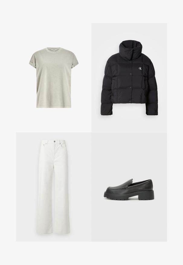 Svart pufferjakke med en cropped design, høy krage og knappelukking. Laget av glossy, isolert materiale med kviltede seksjoner.; Lys grå t-skjorte med korte ermer laget av mykt stoff, med rund hals og rullede ermer, samt en avslappet passform.; Samsøe Samsøe SHELLY - Jeans relaxed fit - clear cream; Sorte skinnloafers med rund tå, tykk teksturert såle og minimale sømdetaljer. Strømlinjeformet design uten synlige snørebånd eller hardvarer.