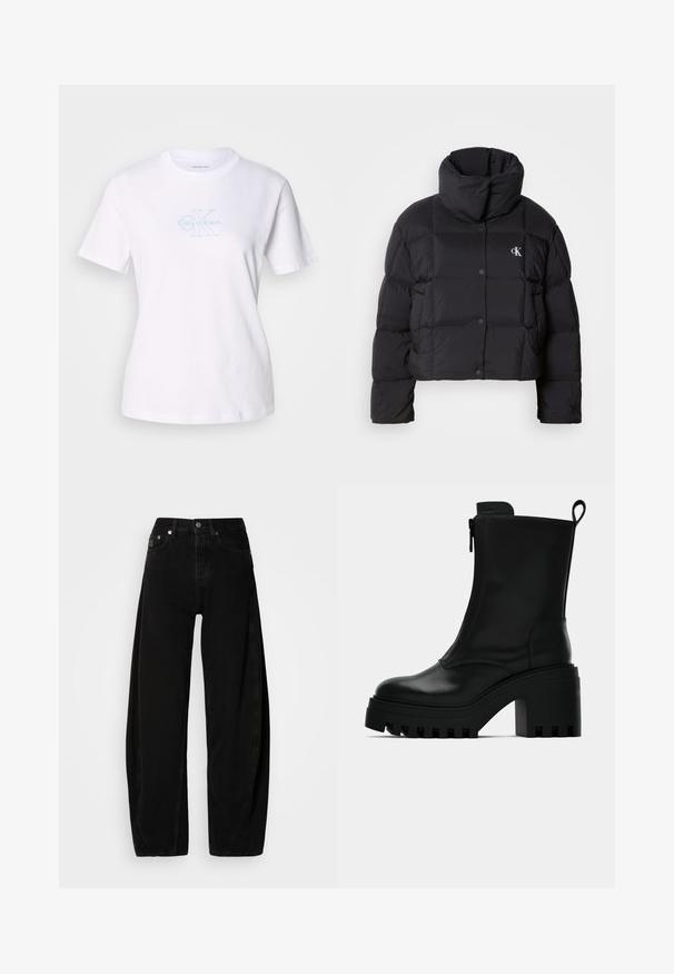 Casaco puffer preto com um design cropped, gola alta e fecho de botão. Feito de material brilhante e isolante, apresentando seções acolchoadas.; T-shirt branca de algodão com mangas curtas, apresentando um logo e um gráfico em azul claro "Calvin Klein" na área central do peito.; Calças largas de ganga pretas com cintura alta, apresentando um fecho de botão, cinco bolsos e detalhes de costura mínimos.; Botim de pele preto até ao tornozelo com sola robusta, salto bloco, fecho lateral e alça na parte de trás sobre fundo branco liso.