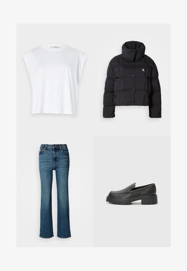 Giacca piumino nera con un design cropped, colletto alto e chiusura con bottoni. Realizzata in materiale lucido e isolato con sezioni trapuntate.; T-shirt cropped in cotone bianco con maniche a cappuccio, scollo rotondo e un tessuto liscio e leggermente texturizzato. Senza fantasie o hardware visibili.; Jeans a vita alta blu in denim, con un design a gamba dritta, lievi sbiaditure e chiusura con bottone e cerniera standard.; Mocassini in pelle nera con punta arrotondata, suola spessa e testurizzata, e minime cuciture. Design elegante senza lacci o parti metalliche visibili.
