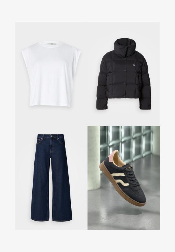 Casaco puffer preto com um design cropped, gola alta e fecho de botão. Feito de material brilhante e isolante, apresentando seções acolchoadas.; T-shirt cropped de algodão branco com mangas curtas, decote redondo e um tecido liso, ligeiramente texturado. Sem padrões ou hardware visível.; Jeans de ganga escura de perna larga com cintura alta, bolsos frontais e fecho com botão. Apresenta pespontos em contraste e uma textura suave.; Sapatilhas de pele azul-marinho com riscas em creme, realces em rosa no calcanhar e uma sola de borracha texturizada em tom de castanho. Design clássico de cano baixo.