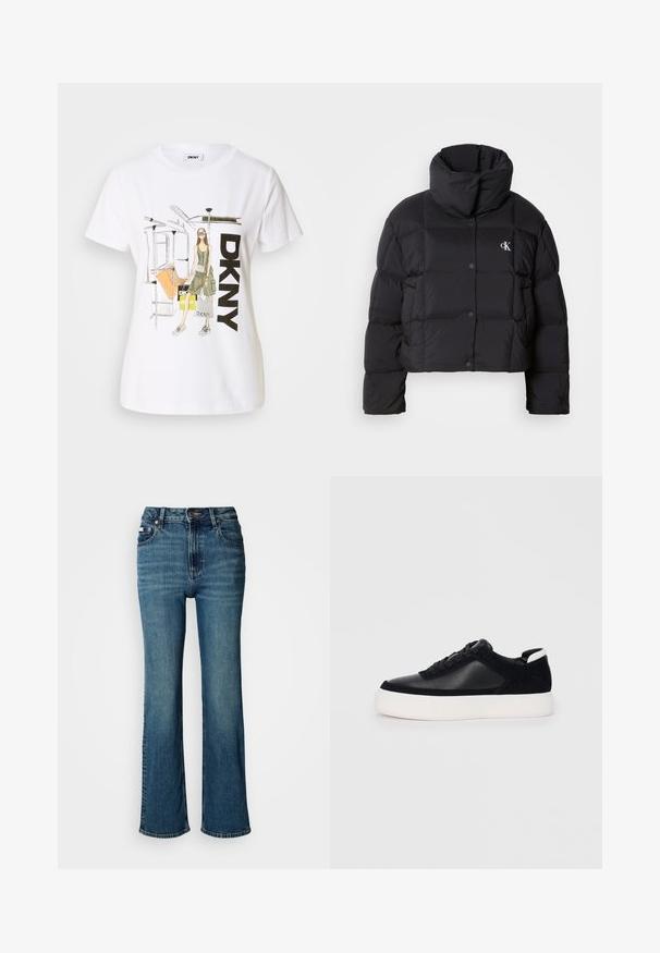 Casaco puffer preto com um design cropped, gola alta e fecho de botão. Feito de material brilhante e isolante, apresentando seções acolchoadas.; T-shirt de algodão branco com uma ilustração gráfica de uma mulher, texto "DKNY" e elementos do metrô de Nova Iorque. Corte casual, mangas curtas.; Jeans de cintura alta em denim azul, com um design de perna reta, desbotamento subtil e um fecho padrão com botão e zipper.; Sapatilha preta com painéis de pele lisa e camurça, atacadores planos, bico arredondado e sola de borracha branca. Logótipo distinto no calcanhar.