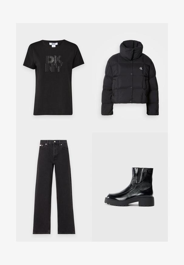 Must zwart puffer jope, mille disainiga, kõrge kaelusega ja nööpidega kinni. Valmistatud läikivast, soojust liikuvast materjalist, millel on äraotatud sektsioonid.; Must have lühikeste varrukatega must T-särk, mis on valmistatud puuvillast ja millel on tekstuuriga disain, kus hõbedased nupud on paigutatud stiliseeritud logona esiosale.; Mustad laiad mustad teksad, millel on kõrge vöökoht, viie tasku stiil ja metallist nööpkinnitus kontrastsete õmblustega.; Mustad mustad tossud läikiva patendi nahaga viimistlusega, jäme musta kummist tald ja kõrgendatud konts; sisaldab külgedel peent logodegust.