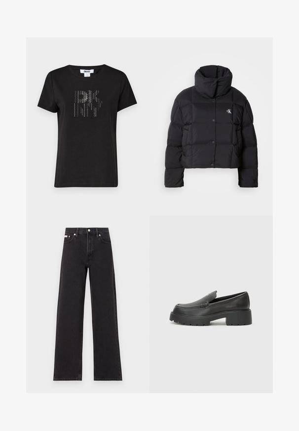 Fekete puffertáska, rövidített fazonnal, magas gallérral és gombos záródással. Fényes, szigetelt anyagból készült, steppelt részekkel.; Fekete, rövid ujjú pamut póló, textúrált mintával, ezüst szegecsekkel, amelyek egy stilizált logót alkotnak az elején.; Fekete, bőszárú farmernadrág, magas derekú, öt zsebes kialakítással és fém gombos záródással, kontrasztos varrással.; Fekete bőr loafer cipők kerek orral, vastag, texturált talppal és minimális varrási részletekkel. Áramvonalas dizájn, látható fűzők vagy fém részek nélkül.