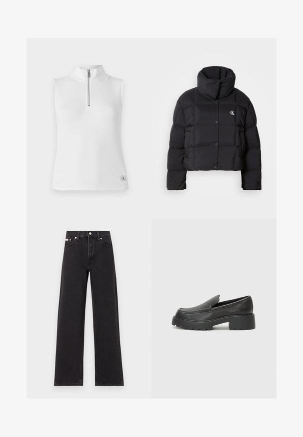 Fekete puffertáska, rövidített fazonnal, magas gallérral és gombos záródással. Fényes, szigetelt anyagból készült, steppelt részekkel.; Fehér ujjatlan felső, álló gallérral és fél cipzárral. Bordázott textúrával és egy kis márkás címkével a szegélyén.; Fekete, bőszárú farmernadrág, magas derekú, öt zsebes kialakítással és fém gombos záródással, kontrasztos varrással.; Fekete bőr loafer cipők kerek orral, vastag, texturált talppal és minimális varrási részletekkel. Áramvonalas dizájn, látható fűzők vagy fém részek nélkül.