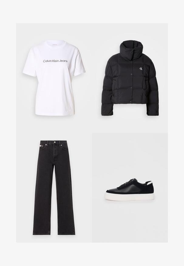 Casaco puffer preto com um design cropped, gola alta e fecho de botão. Feito de material brilhante e isolante, apresentando seções acolchoadas.; T-shirt branca de algodão com mangas curtas, apresentando o texto preto "Calvin Klein Jeans" na parte da frente. Design de gola redonda, textura suave.; Jeans de perna larga pretos feitos de denim, apresentando uma cintura alta, estilo de cinco bolsos e um fecho em botão de metal com costura contrastante.; Sapatilha preta com painéis de pele lisa e camurça, atacadores planos, bico arredondado e sola de borracha branca. Logótipo distinto no calcanhar.