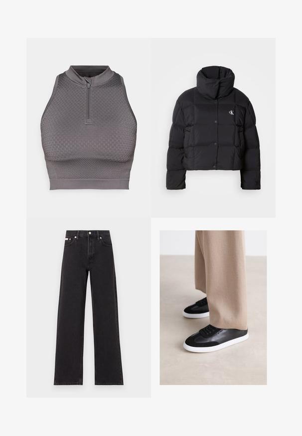 Zwarte pufferjack met een cropped ontwerp, hoge kraag en knoopsluiting. Gemaakt van glanzend, geïsoleerd materiaal met gestikte secties.; Grijze sportieve crop top met een ritskraag, textuurpatroon, een aansluitend ontwerp en een gladde afwerking aan de zoom en armopeningen.; Zwarte wijde spijkerbroeken van denim, met een hoge taille, vijf-pocket stijl en een metalen knoopsluiting met contrasterende stiksels.; Zwarte leren sneakers met suède accenten, voorzien van een witte rubberen zool en zwarte veters. Gecombineerd met beige wijde broek.