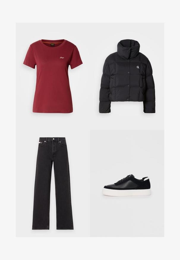 Black puffer jacket with a cropped design, high collar, and button closure. Made from glossy, insulated material featuring quilted sections.; Burgundy short-sleeve t-shirt made of soft cotton, featuring a round neckline and a small white "Boss" logo on the chest.; Black wide-leg jeans made of denim, featuring a high-rise waist, five-pocket styling, and a metal button closure with contrasting stitching.; Black sneaker with smooth leather and suede panels, flat laces, rounded toe, and a white rubber sole. Distinct logo on the heel.