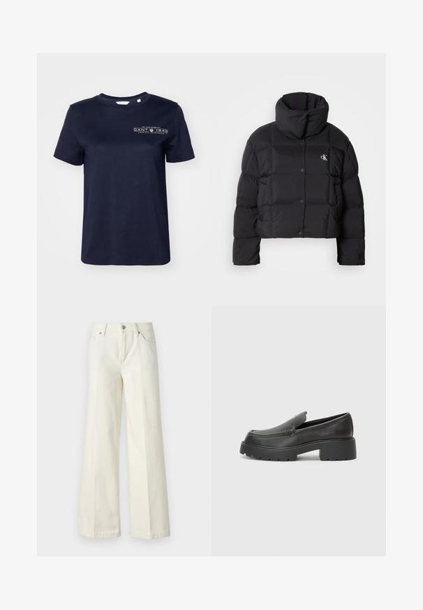 Casaco puffer preto com um design cropped, gola alta e fecho de botão. Feito de material brilhante e isolante, apresentando seções acolchoadas.; T-shirt de algodão azul marinho com mangas curtas, gola redonda e um logotipo impresso com "GANT 1949" no lado esquerdo do peito. Textura suave.; Calças jeans brancas de perna larga, feitas de tecido de algodão misto. Apresentam fecho de correr, design de cinco bolsos e costura ao longo das costuras.; Mocassins de couro preto com bico arredondado, sola espessa e texturizada, e detalhes de costura minimalistas. Design elegante sem atacadores ou ferragens visíveis.