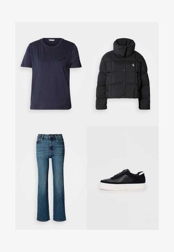 Mustat toppatakki, jossa on lyhyt malli, korkea kaulus ja nappikiinnitys. Valmistettu kiiltävästä, eristävästä materiaalista, jossa on tikatut osat.; Navy sininen puuvillainen t-paita, jossa on pyöreä kaula-aukko, lyhyet hihat ja brodeerattu logo vasemmassa rinnassa. Sileä rakenne ja rento istuvuus.; Korkeavyötäröiset siniset farkut, jotka on valmistettu denimistä, ja joissa on suora lahje, hienovarainen haalistuminen sekä tavallinen nappi- ja vetoketjusuljenta.; Musta lenkkari sileällä nahka- ja mokkanahkapaneelilla, litteät nauhat, pyöreä varvas sekä valkoinen kumipohja. Erottuva logo kantapäässä.