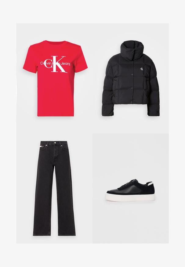 Black puffer jacket with a cropped design, high collar, and button closure. Made from glossy, insulated material featuring quilted sections.; Red cotton t-shirt featuring a large white "CK" logo on the front, with "Calvin Klein Jeans" text below in a modern font. Short sleeves.; Black wide-leg jeans made of denim, featuring a high-rise waist, five-pocket styling, and a metal button closure with contrasting stitching.; Black sneaker with smooth leather and suede panels, flat laces, rounded toe, and a white rubber sole. Distinct logo on the heel.