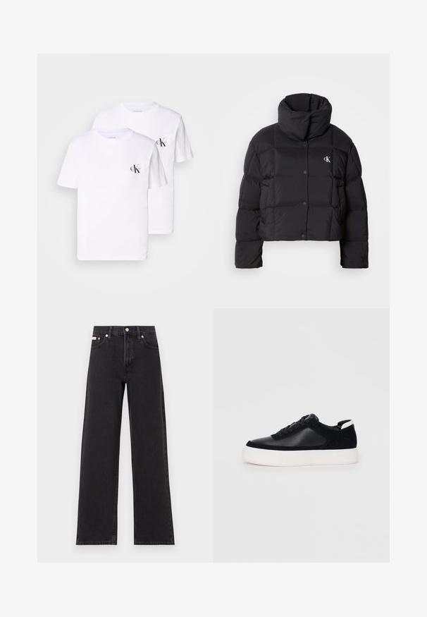 Black puffer jacket with a cropped design, high collar, and button closure. Made from glossy, insulated material featuring quilted sections.; Two white cotton t-shirts with crew necks, featuring a small black "CK" logo on the left chest area. Soft texture, standard fit.; Black wide-leg jeans made of denim, featuring a high-rise waist, five-pocket styling, and a metal button closure with contrasting stitching.; Black sneaker with smooth leather and suede panels, flat laces, rounded toe, and a white rubber sole. Distinct logo on the heel.