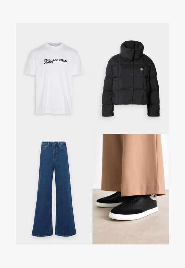 Must zwart puffer jope, mille disainiga, kõrge kaelusega ja nööpidega kinni. Valmistatud läikivast, soojust liikuvast materjalist, millel on äraotatud sektsioonid.; Valge puuvillane T-särk, millel on ringmine kaelus, esiküljel must trükitud logo tekst "KARL LAGERFELD JEANS".; Sinine denimist laienevad teksad kõrge vöökoha ja viie taskuga, nupuvajutusega kinnituse ning kontrastsete õmblustega õmblustel.; Mustad ja hallid spordijalatsid sileda nahast pealispinnaga ja pehme sametiste aktsentidega; valge kummitald; kantud beežide avarate pükstega.