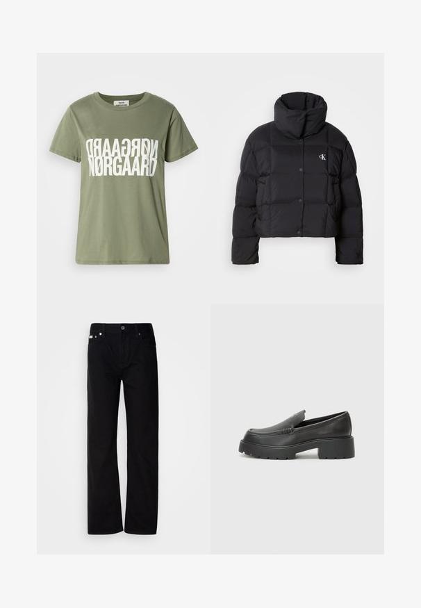 Black puffer jacket with a cropped design, high collar, and button closure. Made from glossy, insulated material featuring quilted sections.; Olive green cotton t-shirt with short sleeves, featuring large white flipped text design "NØRGAARD" at the center. Round neckline.; Black denim straight-leg pants with five pockets, silver rivets, and a button fly. The fabric has a smooth, slightly textured finish.; Black leather loafers with a rounded toe, thick textured sole, and minimal stitching details. Sleek design with no visible laces or hardware.