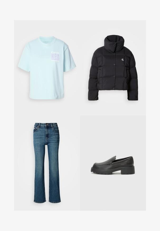 Svart puffy-jacka med en cropped design, hög krage och knappstängning. Tillverkad av glänsande, isolerat material med quiltade sektioner.; Ljusblå bomullströja med rund hals och korta ärmar. Har en grafisk design med "Calvin Klein" i lila på framsidan.; Högmidjade blå jeans i denim, med raka ben, subtil blekning och standardknapp- samt dragkedjestängning.; Svarta läderloafers med rund tå, tjockt strukturerat såle och minimala sömnadsdetaljer. Snygg design utan synliga snören eller beslag.